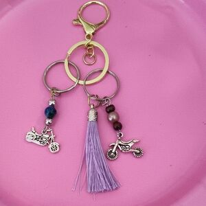 Motorcycles KeyChain/ Beads /Gold-tone N Silver tone Loops/ Lever GUC